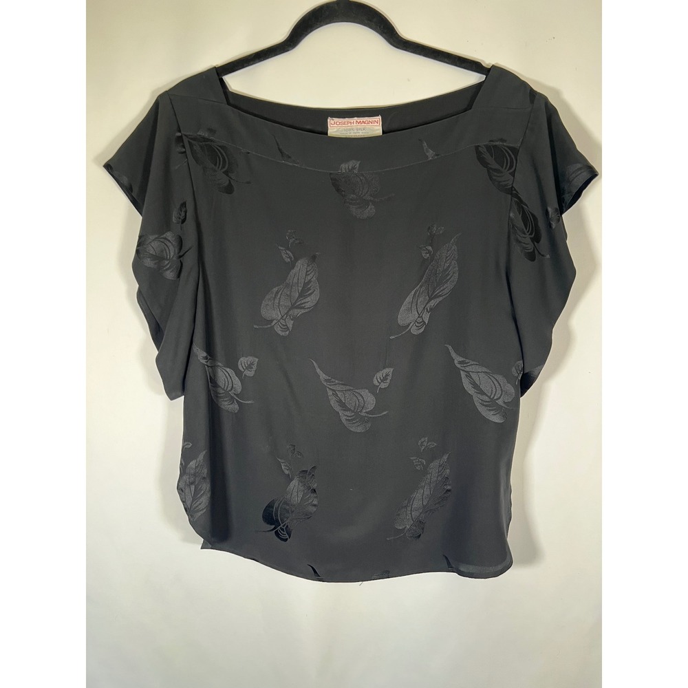 Joseph Magnin Vintage Black 100% Silk Jacquard Leaf Boat Neck Blouse Size 12